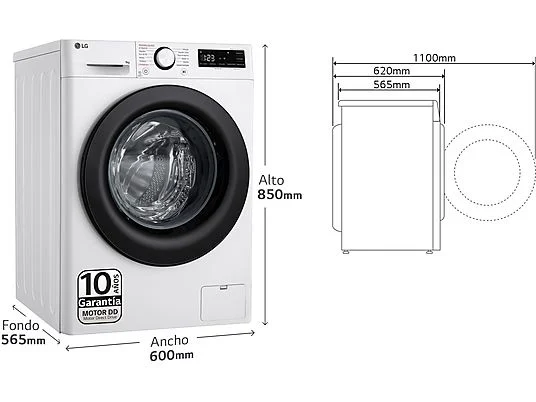 Lavadora carga frontal - LG F4WR5009A6W, Serie 500, 9kg, 1400rpm, 12 programas, AI Direct Drive™, vapor Steam™, Blanco - Imagen 2